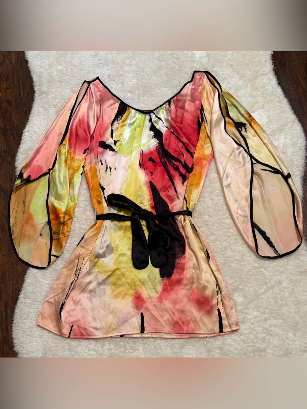 BCBGMaxazria Y2K Charmeuse Abstract Watercolor Tunic Dress